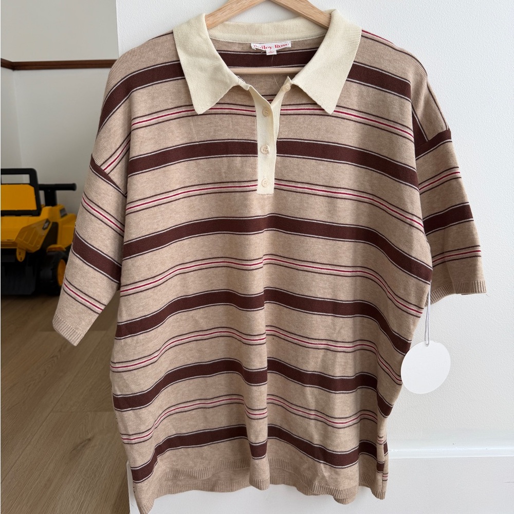 Striped Polo Knit Top in Beige and Brown